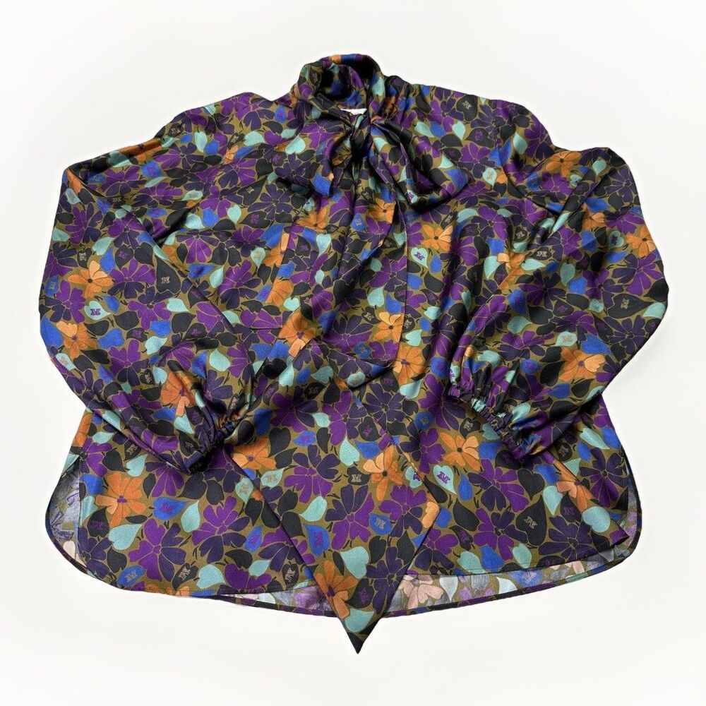 Max Mara Silk Blouse 10 Floral Bow Tie Neck Italian Luxe Statement